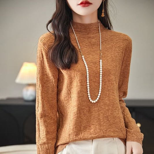 Long-Sleeve Mock Neck Plain Geometric Patterned Knit Top