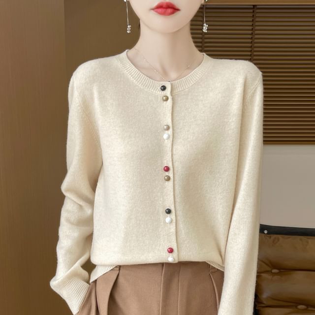 Round Neck Plain Button Up Knit Cardigan