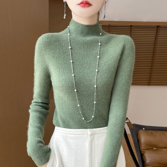 Mock Neck Plain Ribbed Knit Sweater