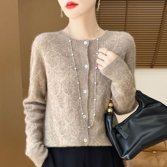 Round Neck Long Sleeve Pointelle Cropped Cardigan