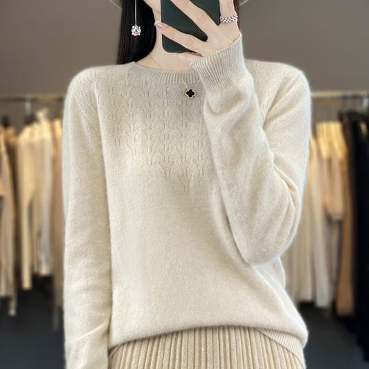 Crew Neck Long Sleeve Plain Pointelle Knitted Sweater