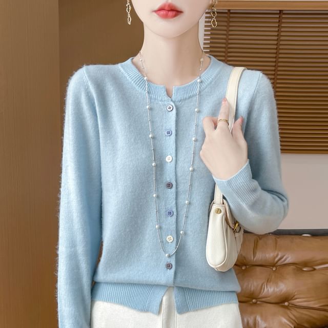 Round Neck Plain Button Up Knitted Cardigan