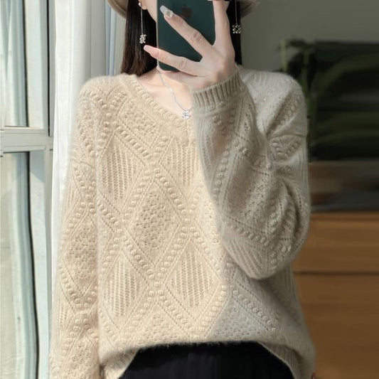 V-Neck Plain Diamond Patterned Sweater