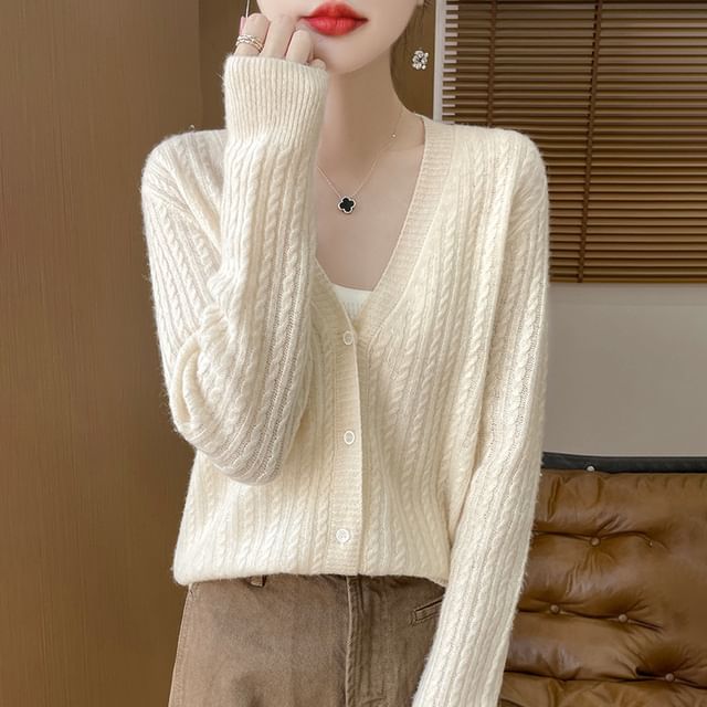 V-Neck Plain Cable Knitted Cardigan