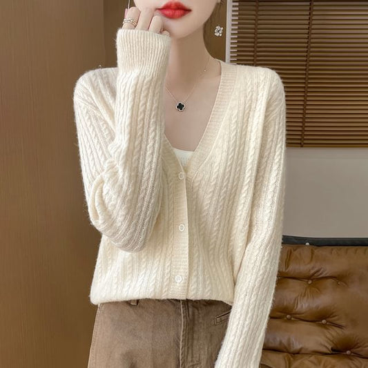 V-Neck Plain Cable Knitted Cardigan