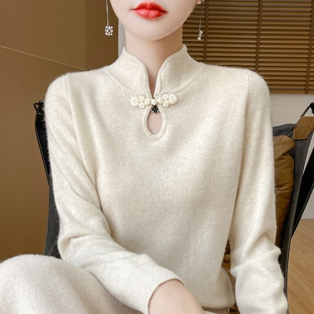 Long Sleeve Mock Neck Keyhole Plain Sweater