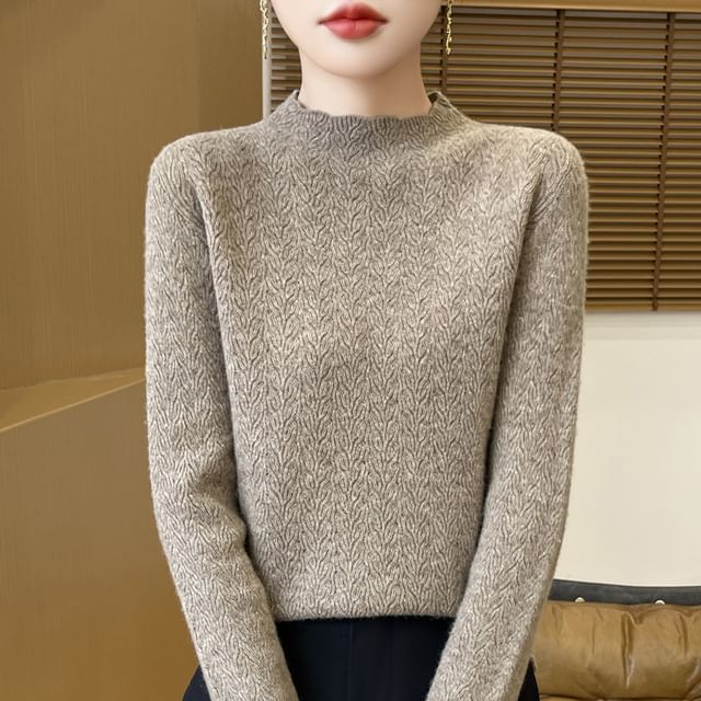 Mock Neck Plain Pointelle Embossed Knitted Sweater