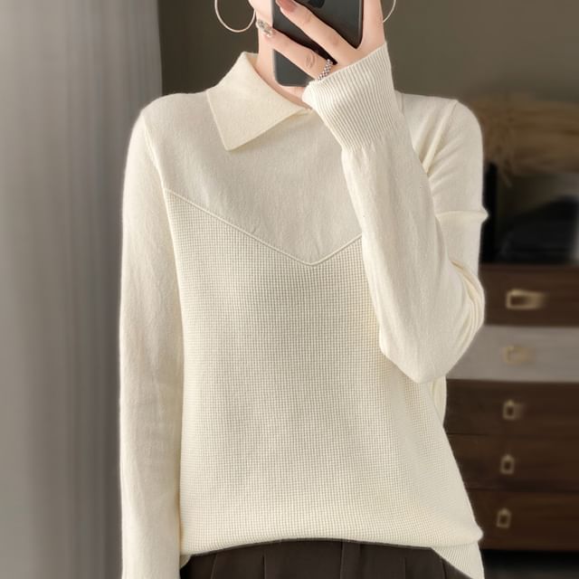 Long Sleeve Collared Plain Knit Top