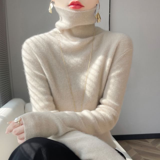 Turtleneck Long Sleeve Plain Ribbed Knit Sweater