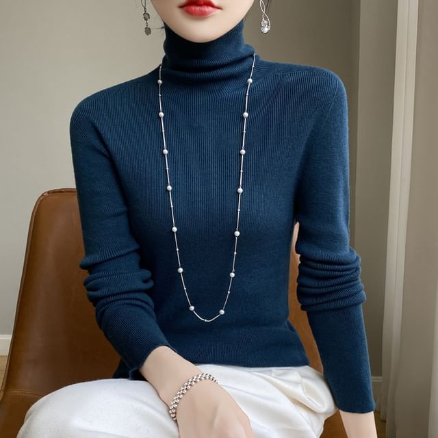 Long Sleeve Turtleneck Plain Ribbed Knit Top