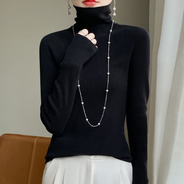 Long Sleeve Turtleneck Plain Ribbed Knit Top