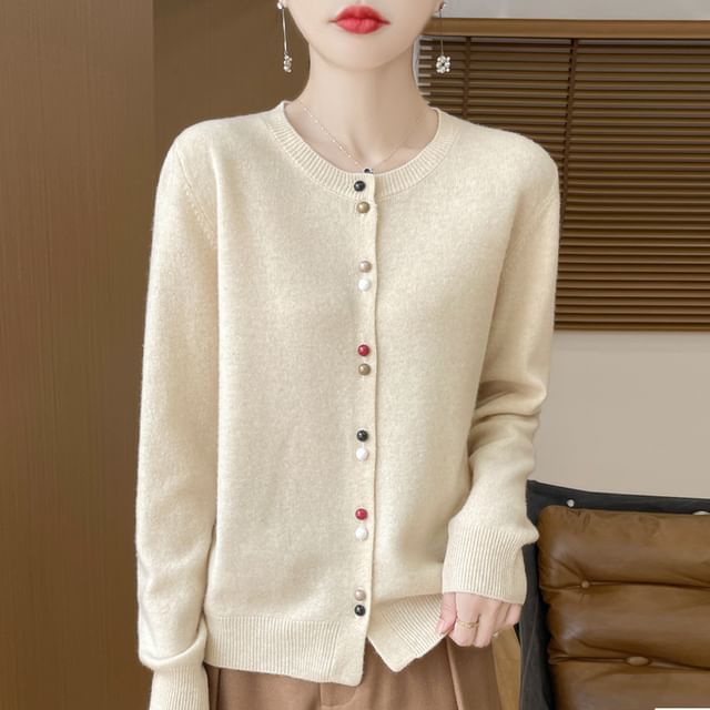Round Neck Plain Button Up Knit Cardigan