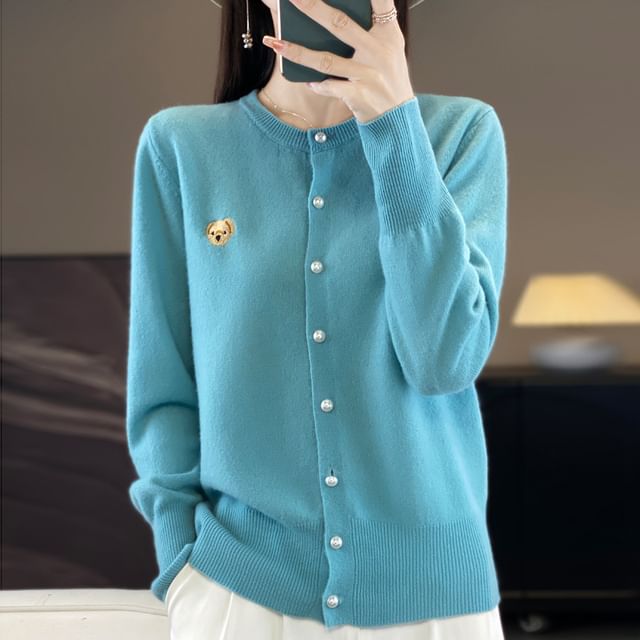 Round Neck Dog Embroidered Faux Pearl Button Cardigan