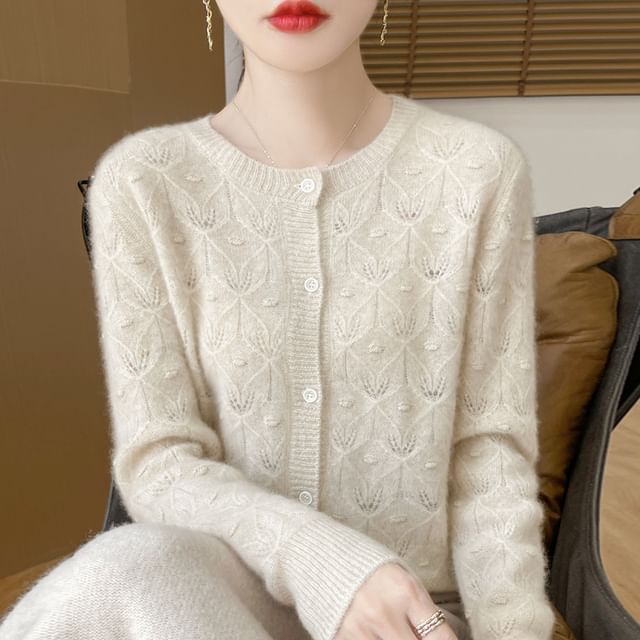 Round Neck Long Sleeve Pointelle Cropped Cardigan