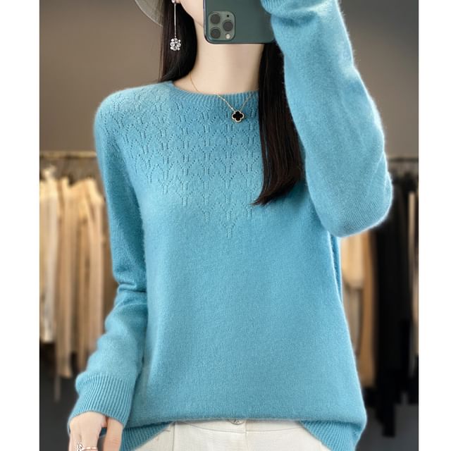 Crew Neck Long Sleeve Plain Pointelle Knitted Sweater