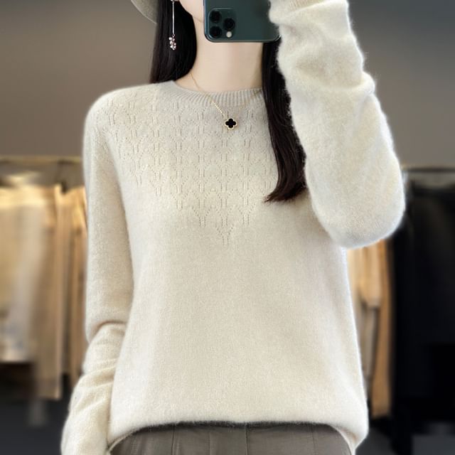 Crew Neck Long Sleeve Plain Pointelle Knitted Sweater