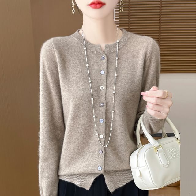 Round Neck Plain Button Up Knitted Cardigan