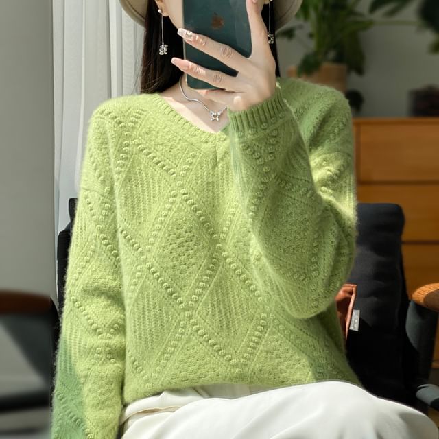 V-Neck Plain Diamond Patterned Sweater