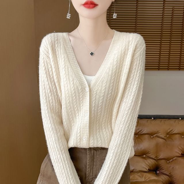 V-Neck Plain Cable Knitted Cardigan