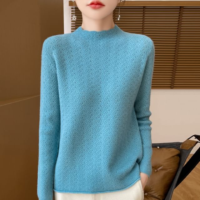 Mock Neck Plain Pointelle Embossed Knitted Sweater