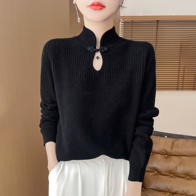 Long Sleeve Mandarin Collar Keyhole Plain Sweater