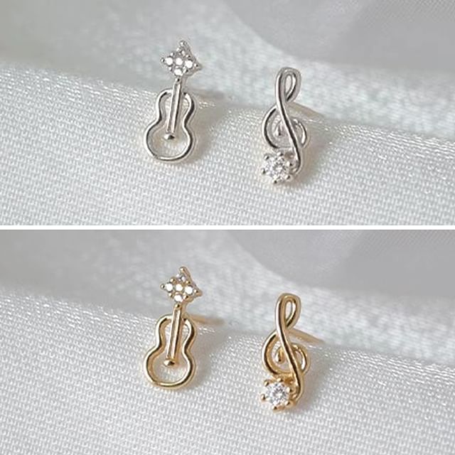 Asymmetrical Alloy Guitar Rhinestone Note Earring Stud Music