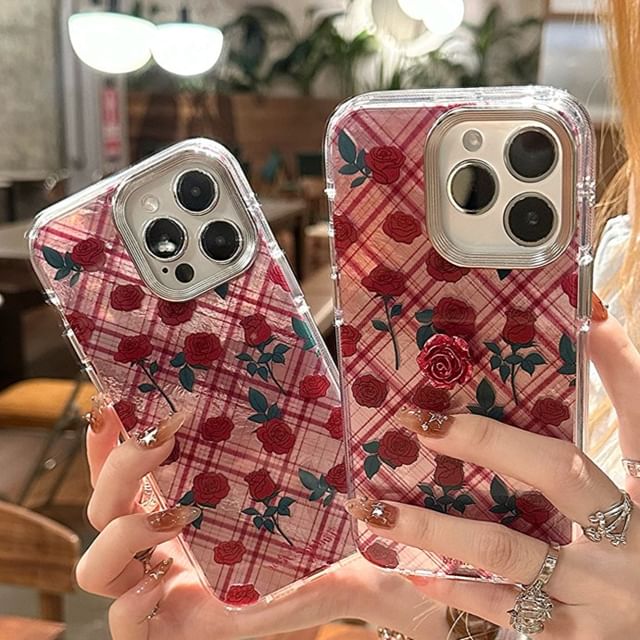 Set / Rose Decoration Plaid Phone Adhesive Case