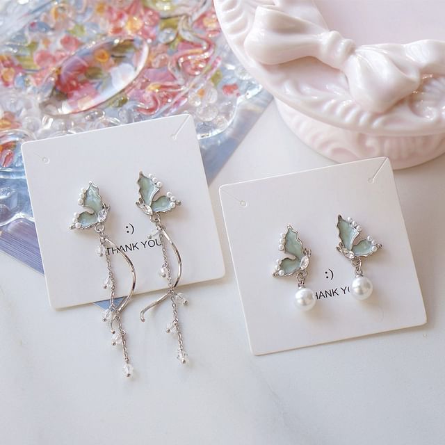 Drop Pearl Rhinestone Earring Butterfly Faux