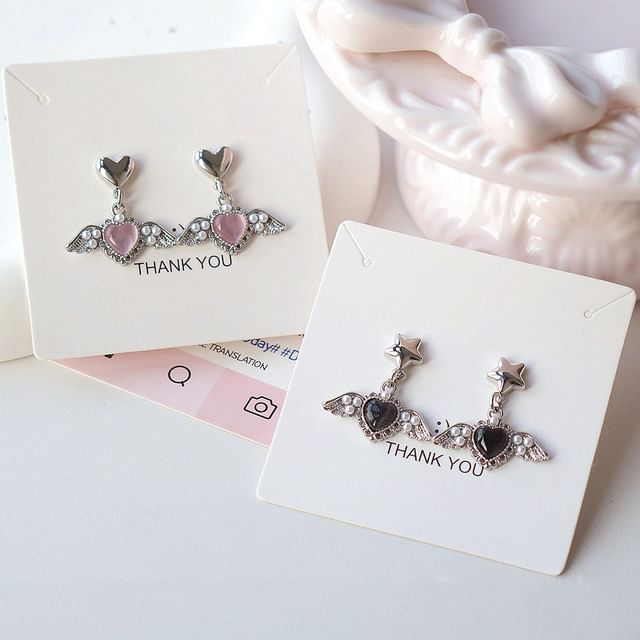 Gemstone Earring Heart Drop / Clip-On