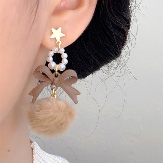 Clip-On Pearl Drop Bow Pom Faux Earring /