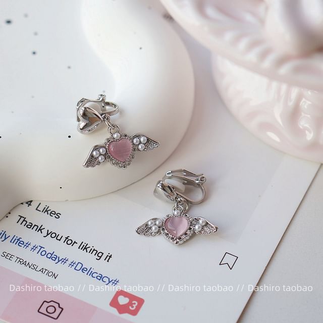 Gemstone Earring Heart Drop / Clip-On