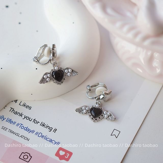 Gemstone Earring Heart Drop / Clip-On