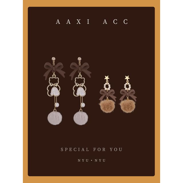 Clip-On Pearl Drop Bow Pom Faux Earring /