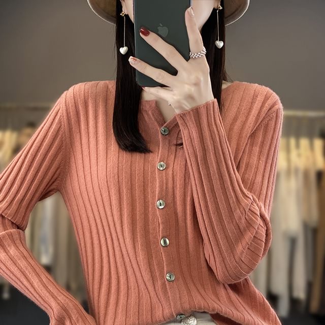V-Neck Plain Ribbed Knitted Crop Cardigan