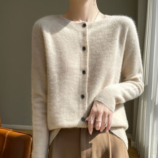Round Neck Plain Fluffy Button Cardigan