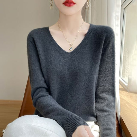 Long-Sleeve V-Neck Plain Sweater