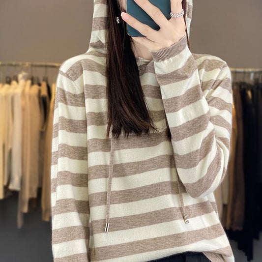 Long Sleeve Hooded Drawstring Striped Sweater