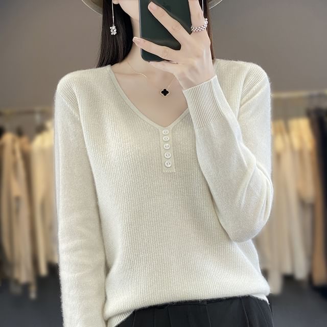 V-Neck Plain Button Up Ribbed Knit Sweater