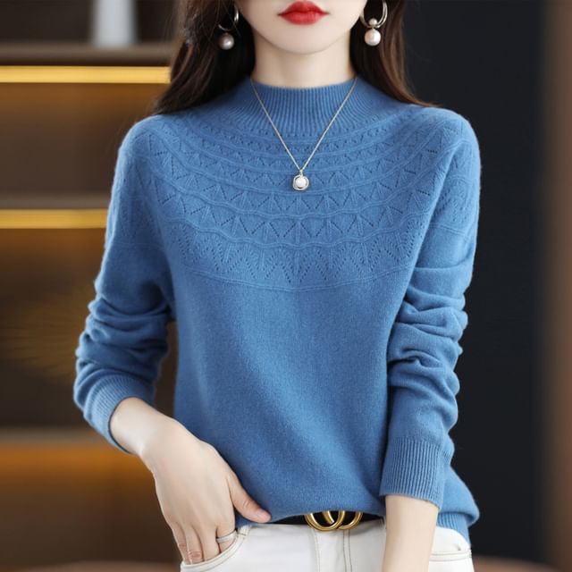 Mock Neck Plain Pointelle Sweater