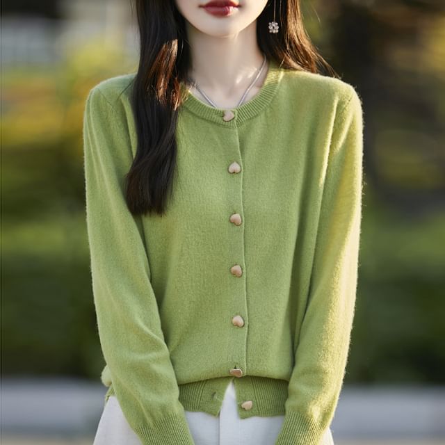 Round Neck Plain Heart Button Cropped Cardigan