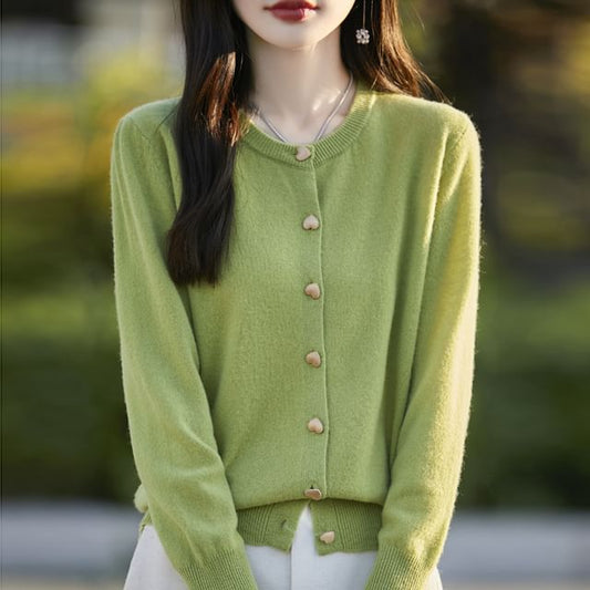 Round Neck Plain Heart Button Cropped Cardigan