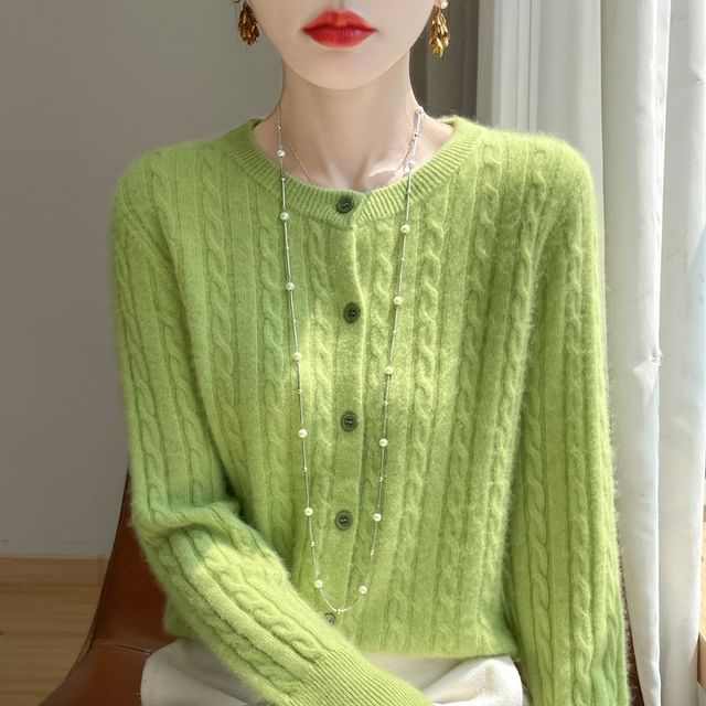 Crew Neck Plain Cable Knitted Cropped Cardigan