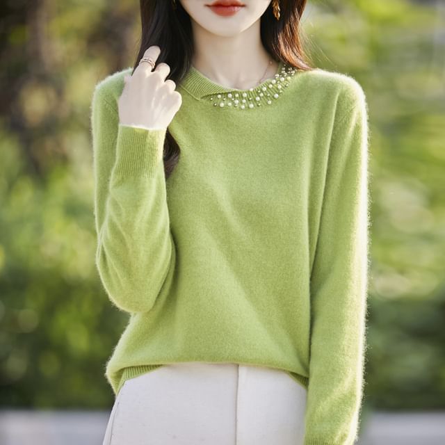 Round Neck Plain Faux Pearl Detail Sweater