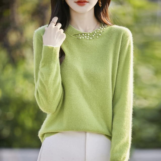 Round Neck Plain Faux Pearl Detail Sweater