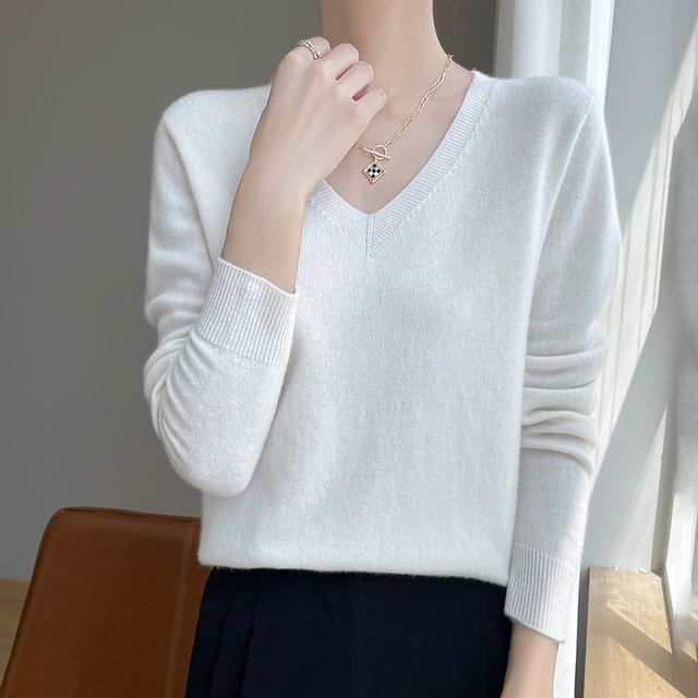 Long-Sleeve V-Neck Plain Sweater
