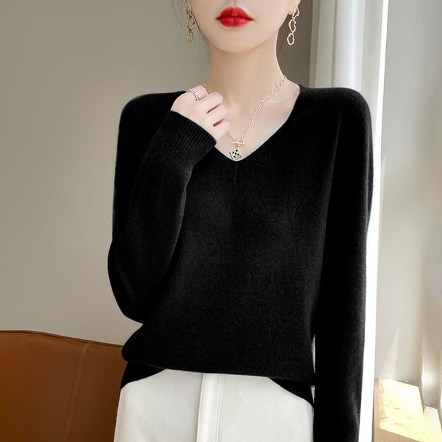Long-Sleeve V-Neck Plain Sweater