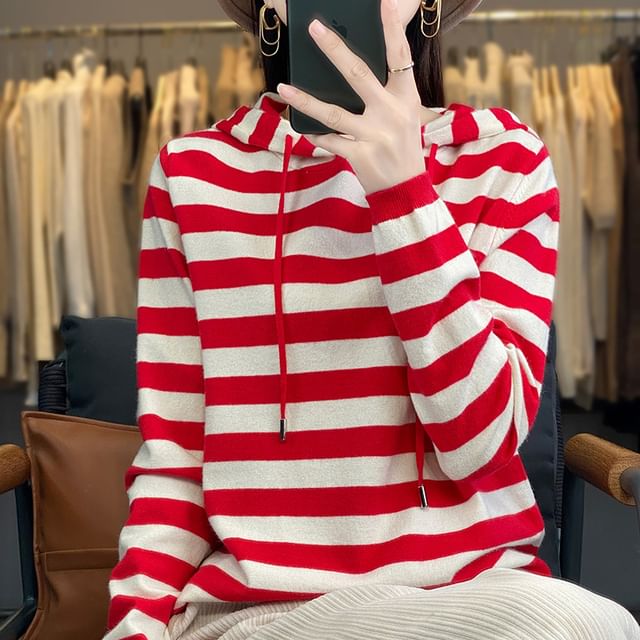 Long Sleeve Hooded Drawstring Striped Sweater