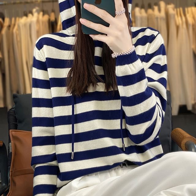 Long Sleeve Hooded Drawstring Striped Sweater