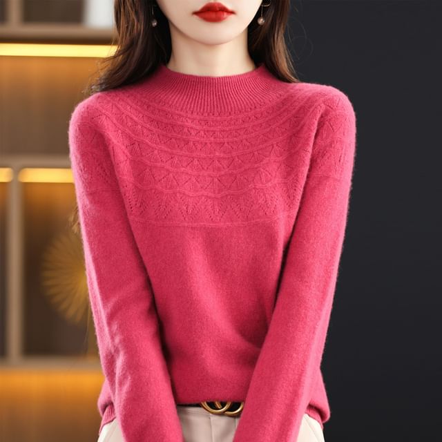 Mock Neck Plain Pointelle Sweater