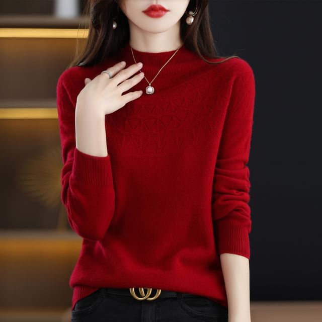 Mock Neck Plain Pointelle Sweater